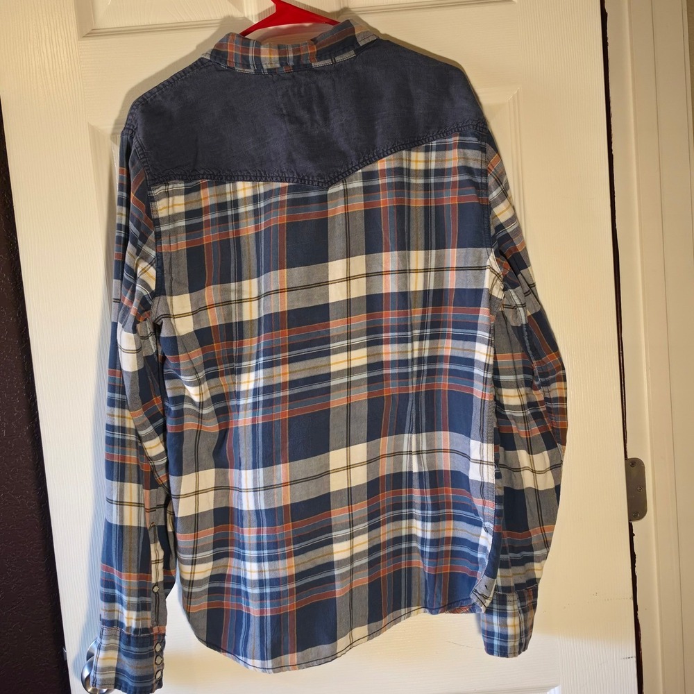 Vintage GUESS Pearl Snap Western Plaid Shirt Blue Orange Contrast Yoke Flannel - Picture 2 of 10